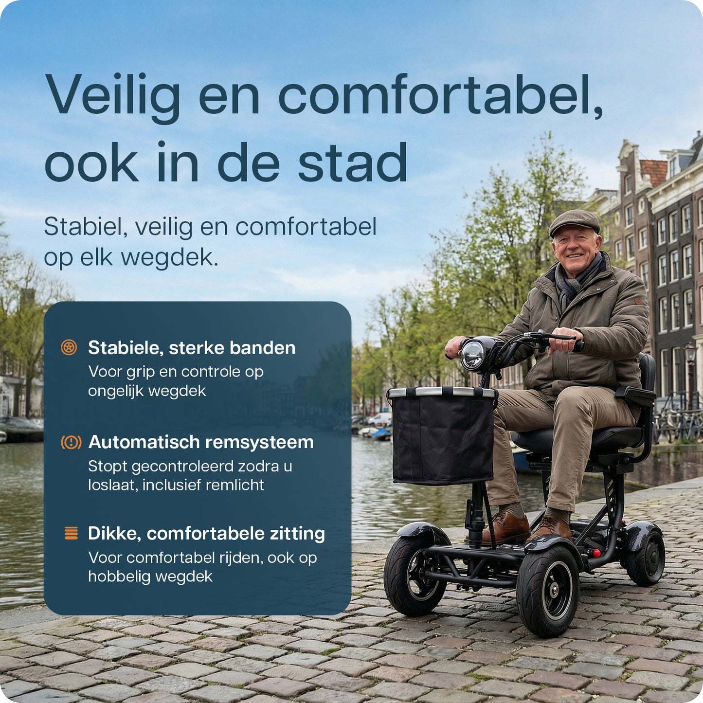 Veilige en comfortabele Metic Move MQ5 mobiliteitsscooter met stabiele besturing en zachte zitting