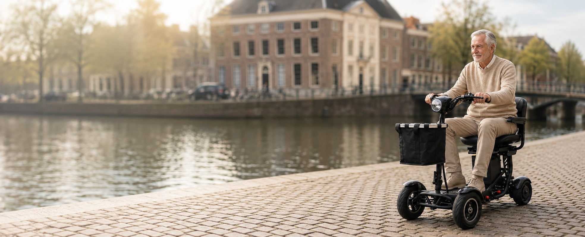 Man rijdt op Metic Move opvouwbare scootmobiel langs een kanaal